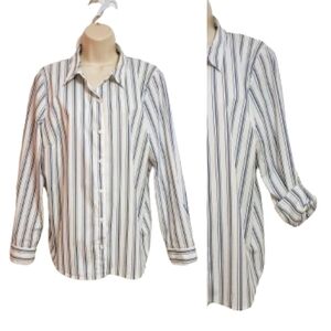 Nine West Petite Striped Button Up Shirt White Blue XL